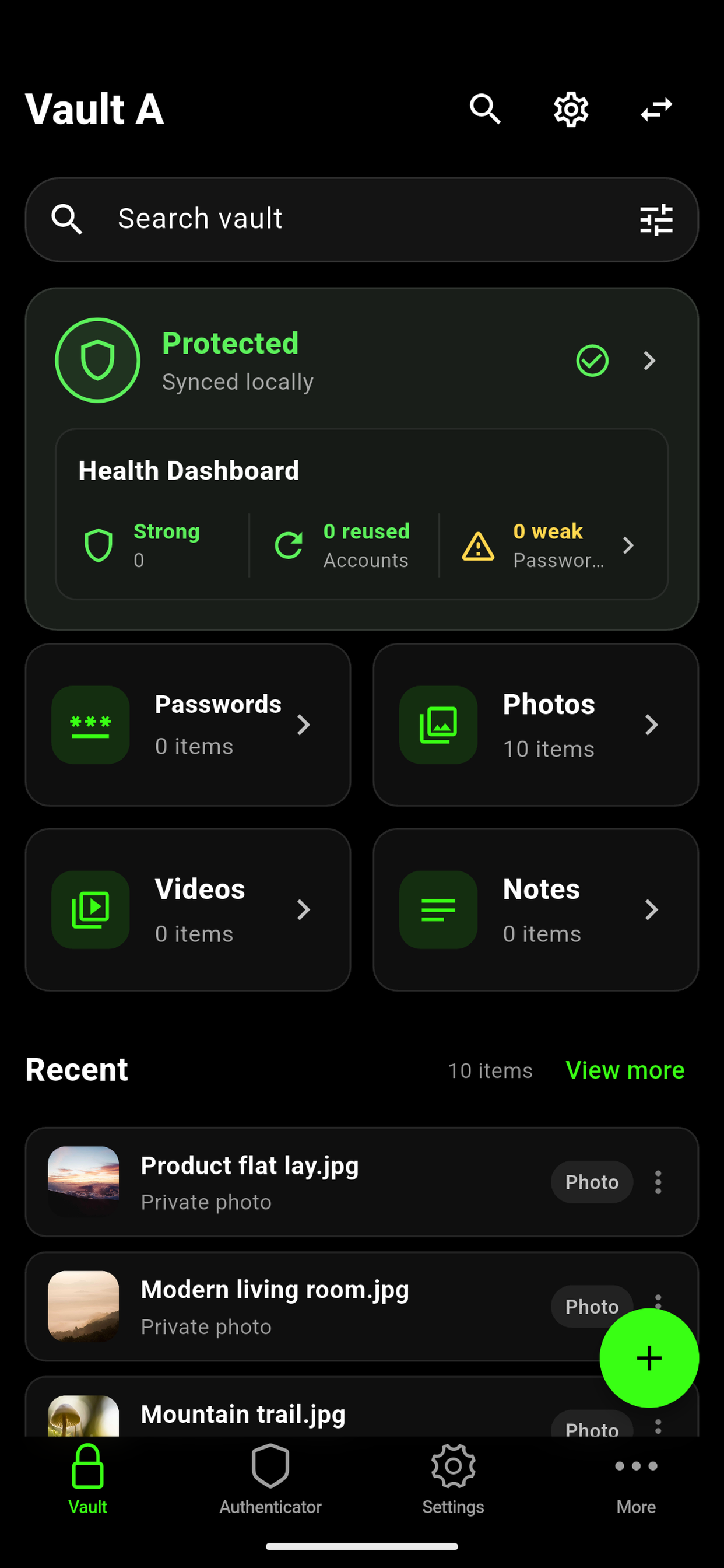 Krypt vault showing search, password and file categories, and sample recent files.